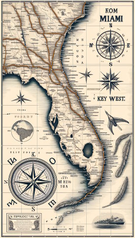 Atistic Old Map Miami to Key West